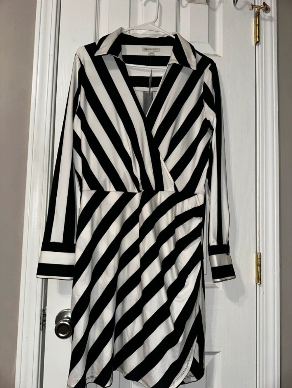 Cato Black and White Striped Long Sleeve Wrap Dress